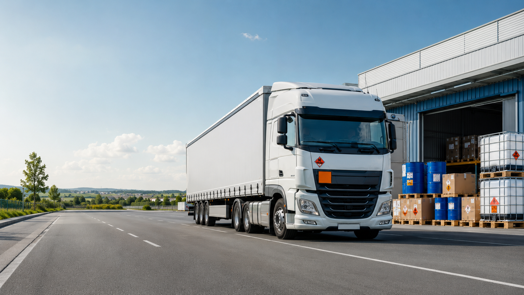 Transport ADR — pojazd przy magazynie towarów niebezpiecznych